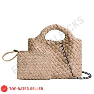 Woven Vegan Leather Tote Bag Foldable Chain Crossbody Handbag Chic Minimal